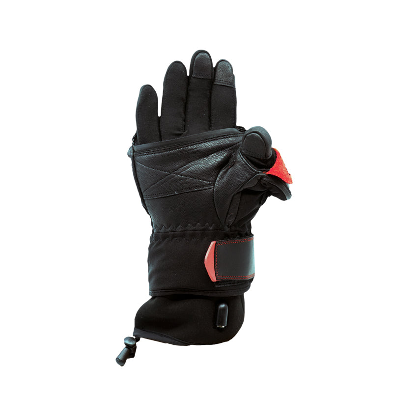Flip-open mitten shell folded back to free the fingers of the heated glove liner